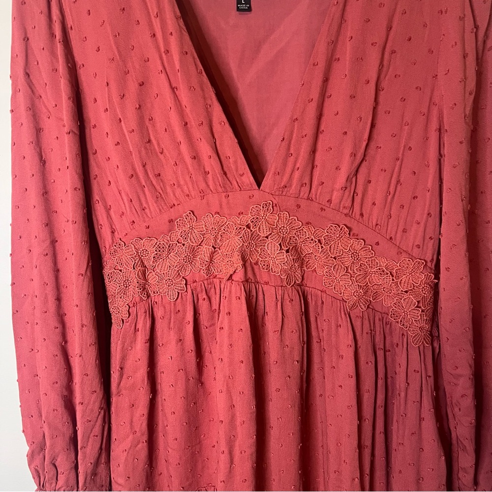 Lulus Dusty Rose Swiss Dot Lace Empire Waist Dress Size L - Picture 2 of 6